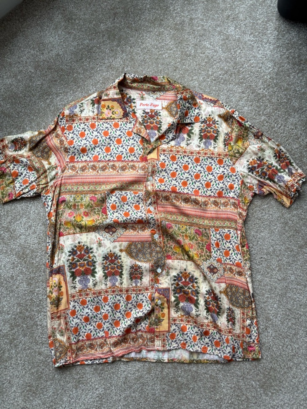 Men's Camp Collar Short-Sleeve Floral Patchwork Button-Up Shirt in Multicolor